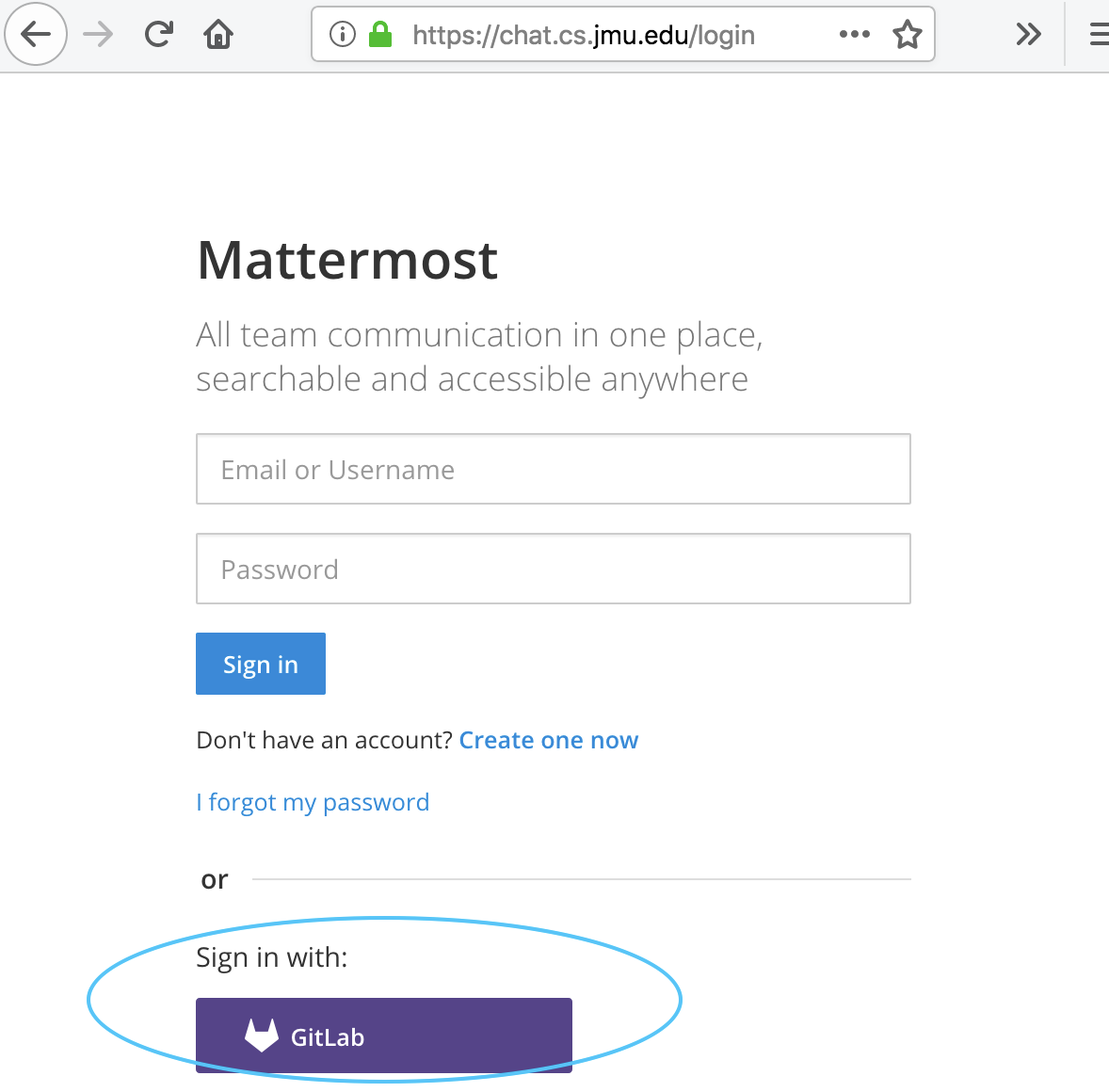 Screenshot of sign-in page with GitLab button circled (at the bottom)