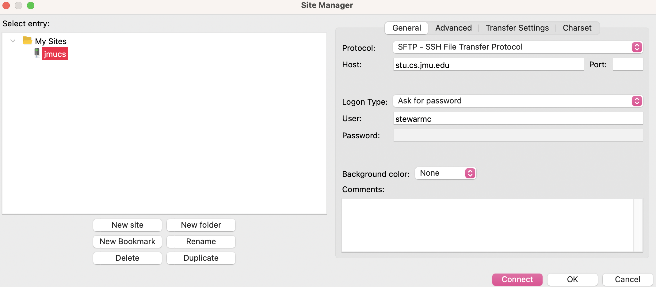 Site Manager dialog with protocol set to SFTP, host set to stu.cs.jmu.edu, and user set
