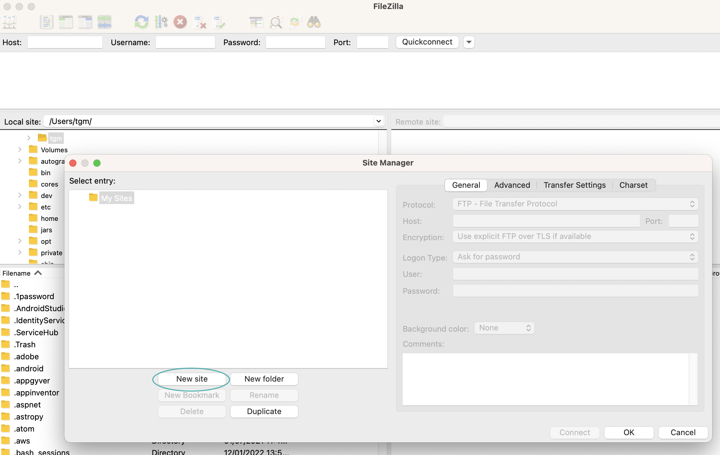 Site Manager dialog with "New Site" button circled